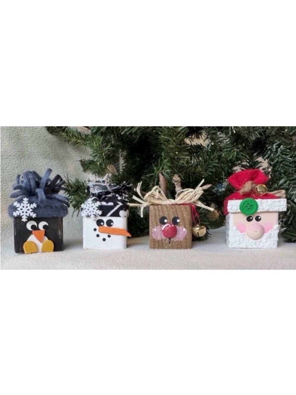 Christmas Set of 4, Handcrafted Snowman, Santa, Reindeer, Penguin Cubes/Blocks